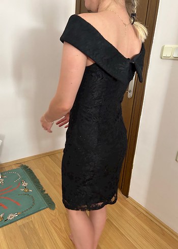 Siyah Dantel V Yakalı Midi Kadın Abiye Elbise - Görsel 12