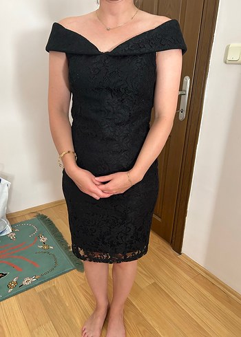 Siyah Dantel V Yakalı Midi Kadın Abiye Elbise - Görsel 9