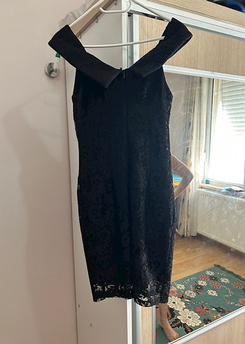 Siyah Dantel V Yakalı Midi Kadın Abiye Elbise - Görsel 6