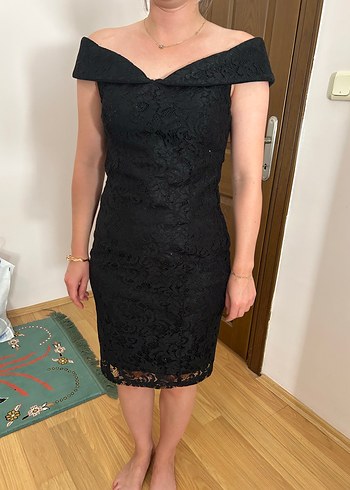 Siyah Dantel V Yakalı Midi Kadın Abiye Elbise - Görsel 11