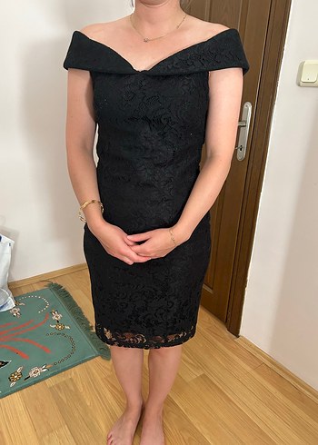 Siyah Dantel V Yakalı Midi Kadın Abiye Elbise - Görsel 10