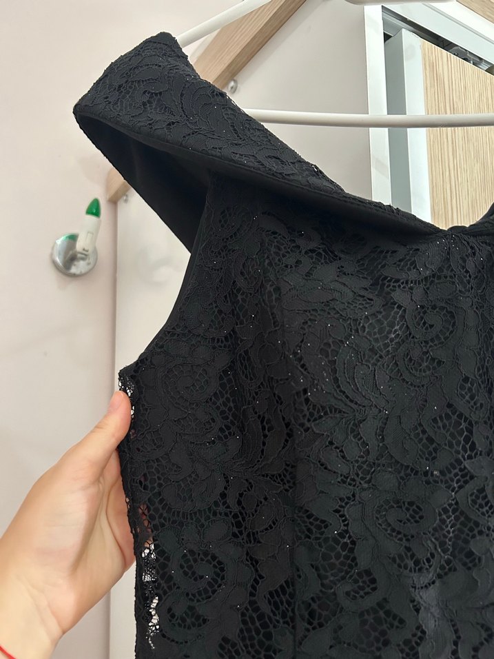 Siyah Dantel V Yakalı Midi Kadın Abiye Elbise - Görsel 3