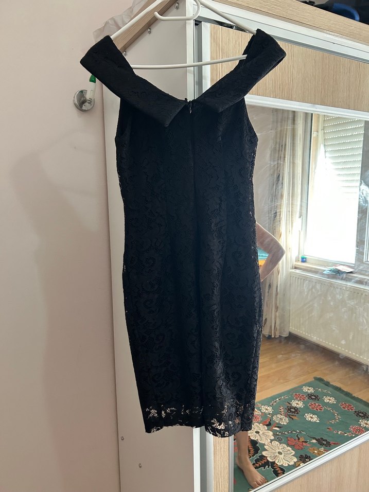 Siyah Dantel V Yakalı Midi Kadın Abiye Elbise - Görsel 5