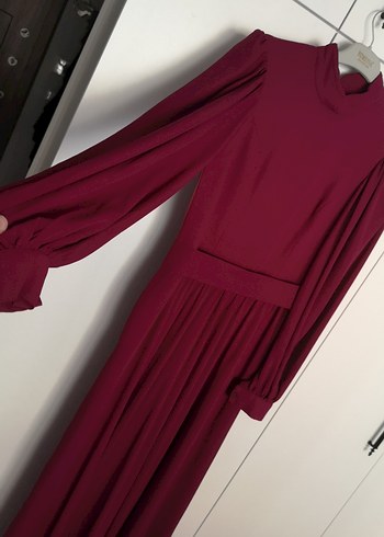 Bordo Uzun Kollu Drapeli Kadın Elbise - Görsel 4