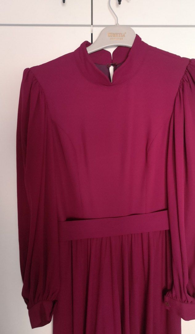 Bordo Uzun Kollu Drapeli Kadın Elbise - Görsel 5