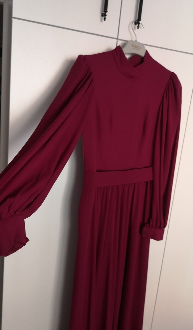 Bordo Uzun Kollu Drapeli Kadın Elbise - Görsel 3