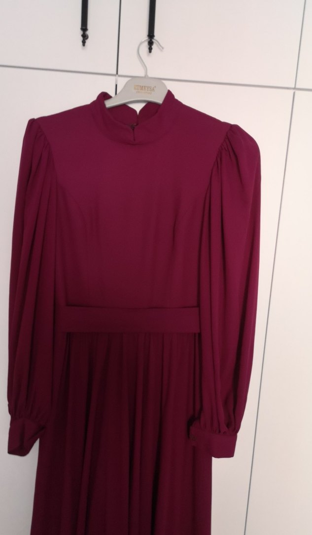 Bordo Uzun Kollu Drapeli Kadın Elbise - Görsel 2