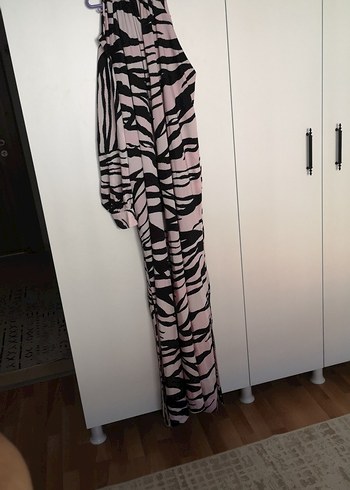 Pembe Zebra Desenli Uzun Pilili Kadın Elbise - Görsel 2