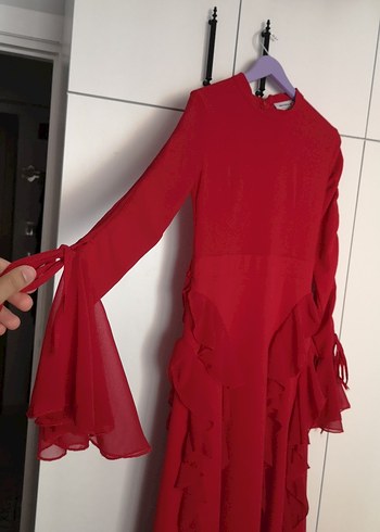 Kırmızı Uzun Kollu Fırfırlı Bohem Elbise - Görsel 4