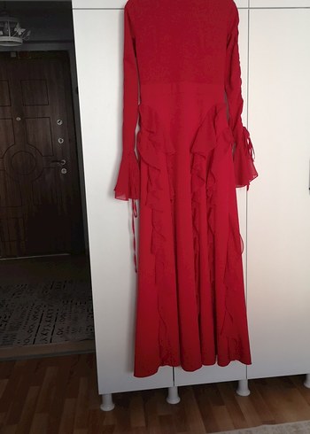 Kırmızı Uzun Kollu Fırfırlı Bohem Elbise - Görsel 2