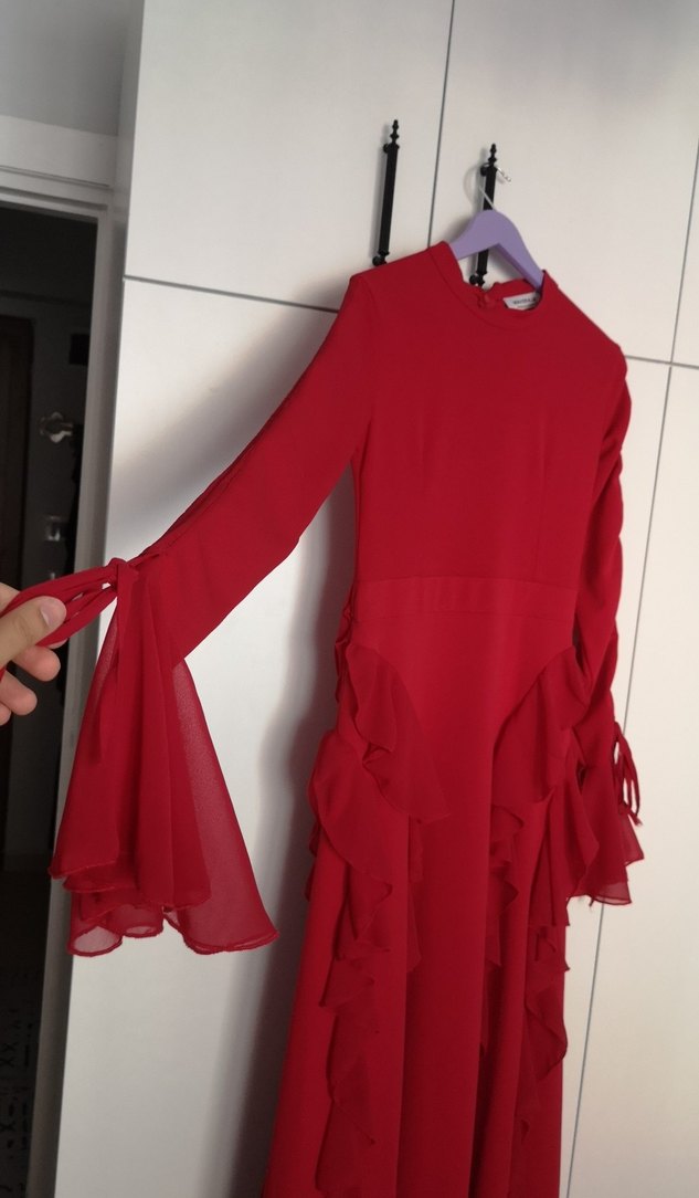 Kırmızı Uzun Kollu Fırfırlı Bohem Elbise - Görsel 4