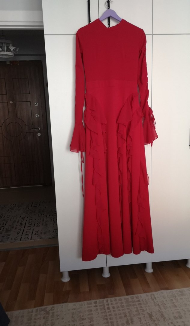 Kırmızı Uzun Kollu Fırfırlı Bohem Elbise - Görsel 2