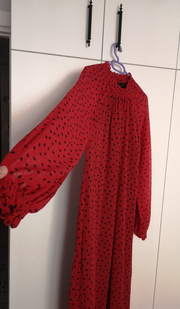 Kırmızı Puantiyeli Uzun Bohem Elbise - Görsel 3