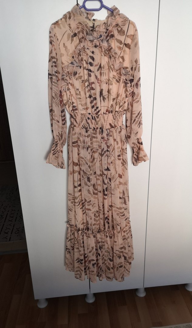 Bej Bohem Uzun Kollu Piliseli Elbise - Görsel 2