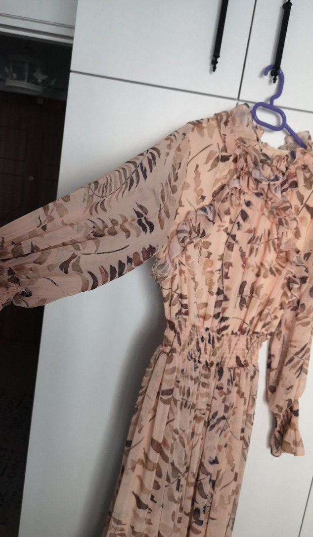 Bej Bohem Uzun Kollu Piliseli Elbise - Görsel 3