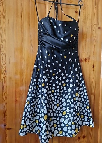 Puantiye Desenli Siyah Boyundan Bağlamalı Midi Abiye Elbise - Görsel 2