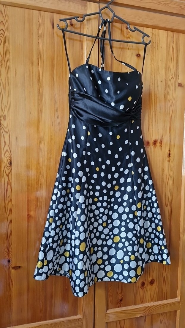 Puantiye Desenli Siyah Boyundan Bağlamalı Midi Abiye Elbise - Görsel 2