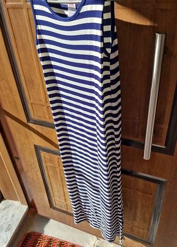 Mavi Çizgili Midi Boy Kolsuz Elbise - Görsel 2