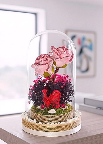 Cam Fanus İçinde Pembe Dekoratif güller - Görsel 2