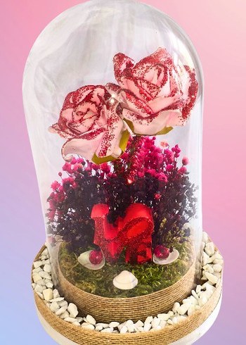 Cam Fanus İçinde Pembe Dekoratif güller - Görsel 3