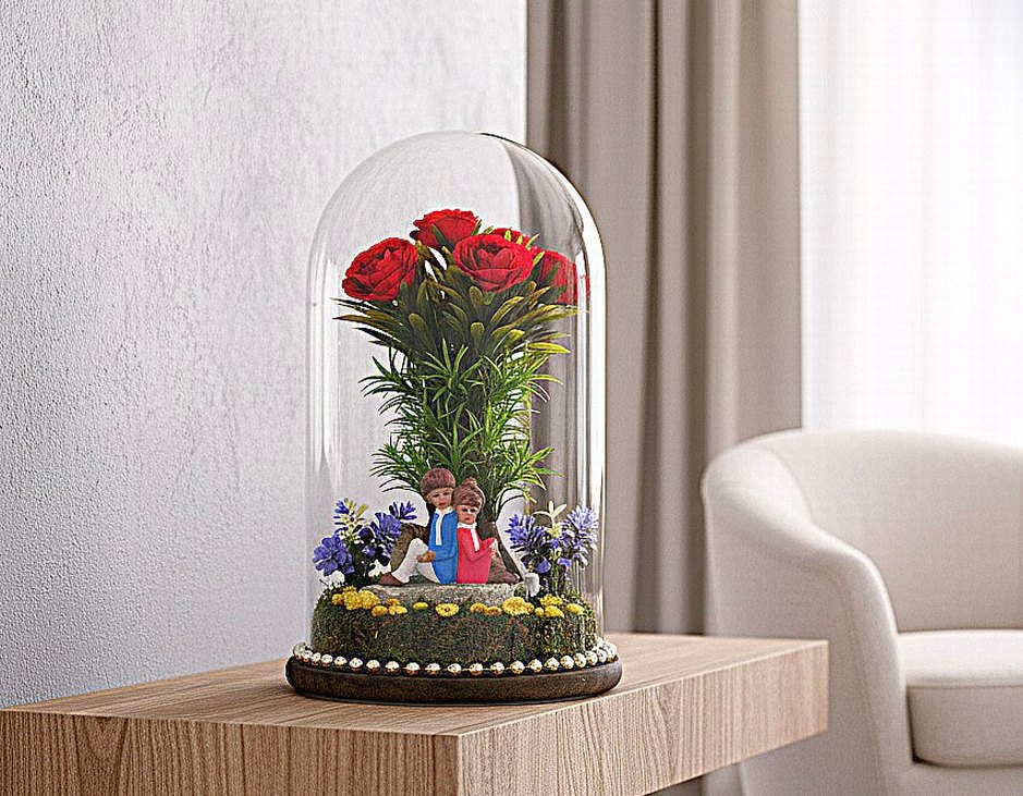 Cam Fanus İçinde fındık güller ve Figürler - Görsel 2