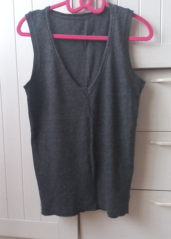 Gri V Yaka Kadın Triko Süveter - Görsel 2