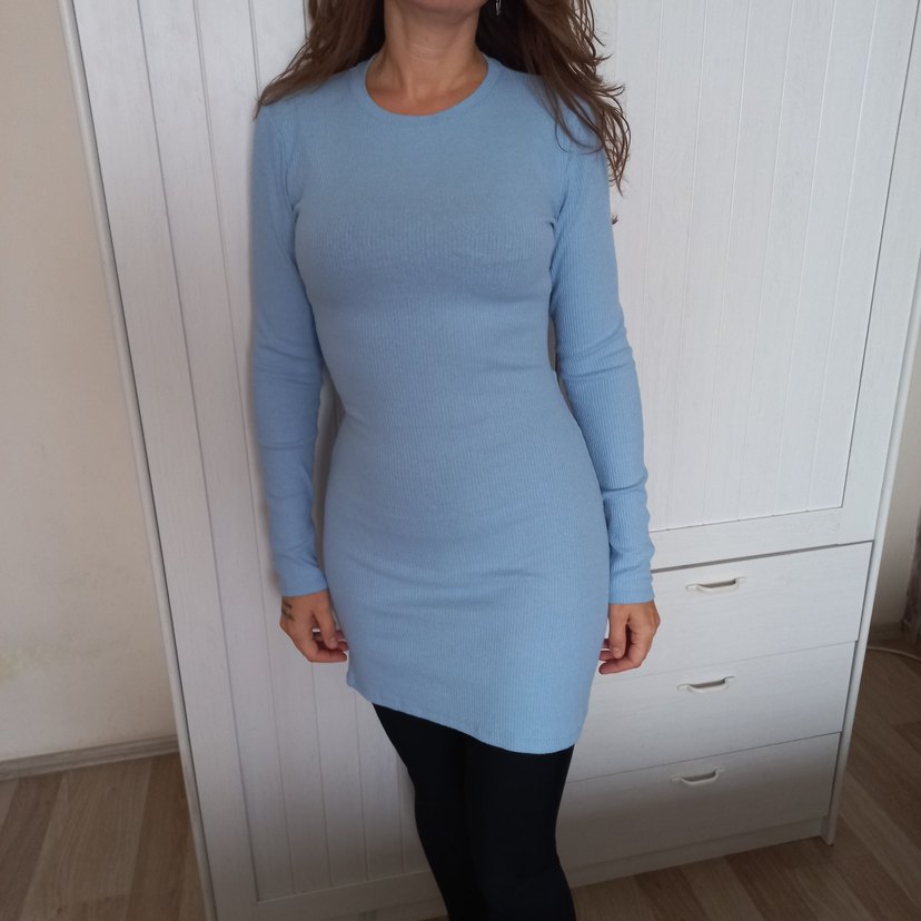 Mavi Uzun Kollu Triko Midi Elbise - Görsel 5