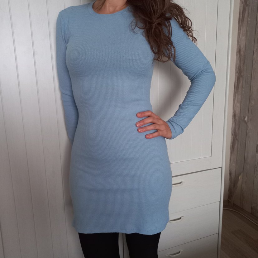 Mavi Uzun Kollu Triko Midi Elbise - Görsel 2