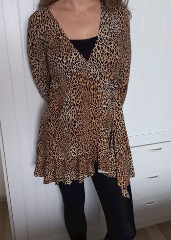 Leopar Desenli V Yaka Kuşaklı Elbise- Tunik - Görsel 2