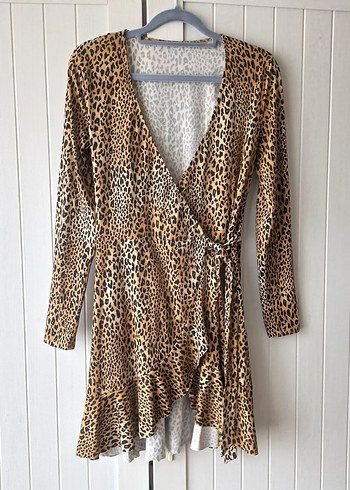 Leopar Desenli V Yaka Kuşaklı Elbise- Tunik - Görsel 3