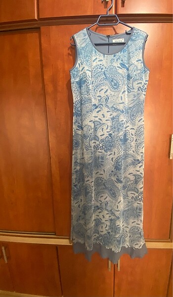 Mavi beyaz çift katlı fermuarlı elbise