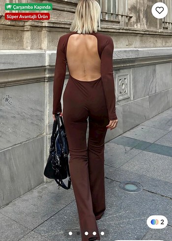 Kahverengi Uzun Kollu Sırt Dekolteli İspanyol Paça Kadın Tulum - Görsel 2