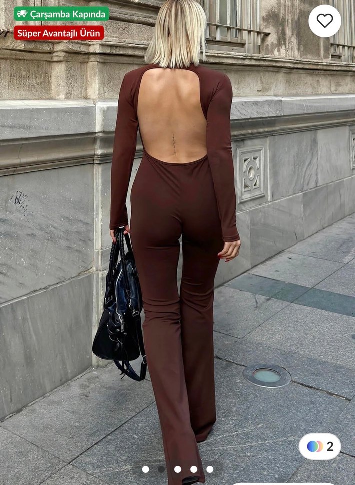 Kahverengi Uzun Kollu Sırt Dekolteli İspanyol Paça Kadın Tulum - Görsel 2