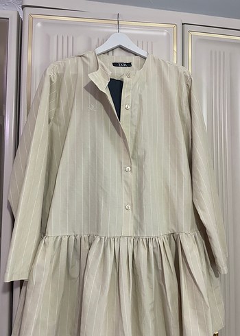 xl Beden Bej Keten Pilili Mini Tunik