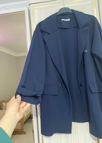 Düğmeli Koyu Mavi Kadın Blazer Ceket