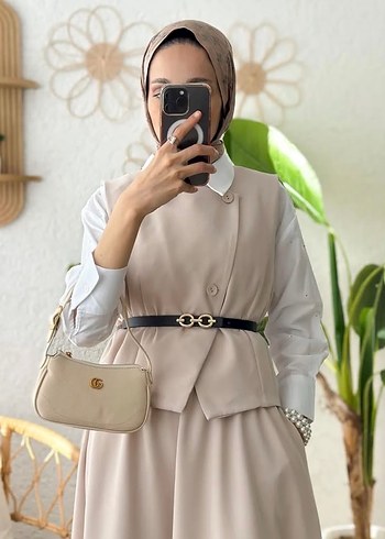 Bej Kemerli Uzun Ofis Elbisesi - Görsel 3