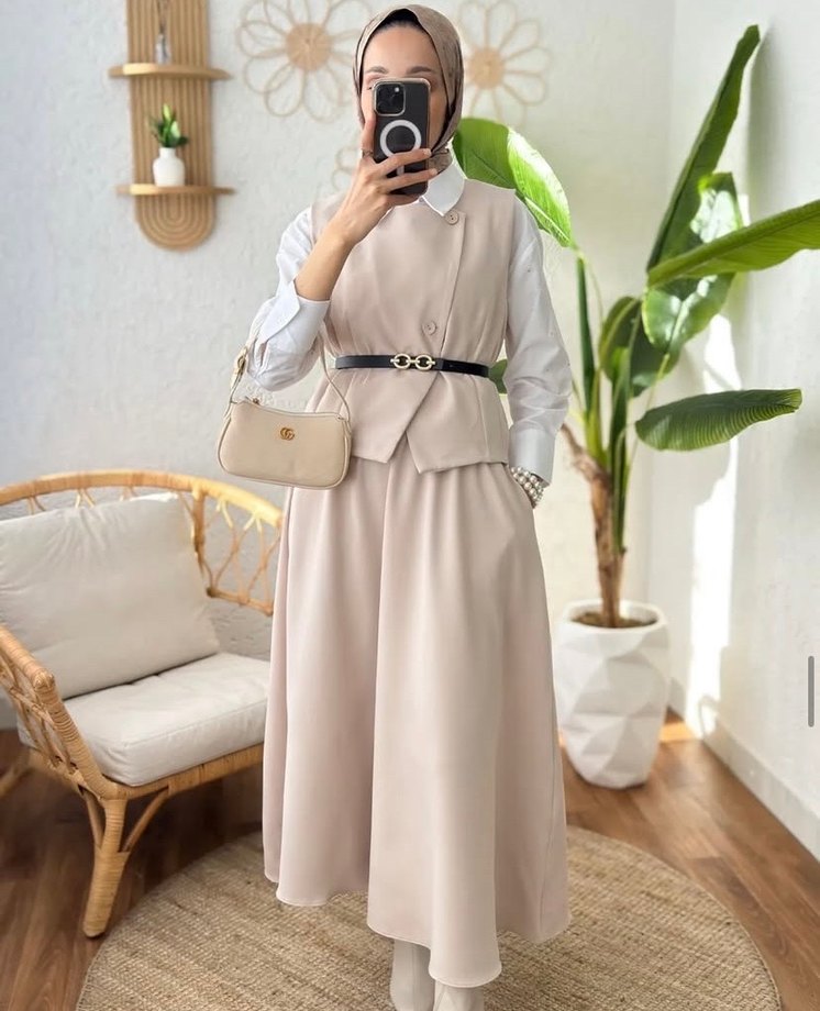 Bej Kemerli Uzun Ofis Elbisesi - Görsel 2