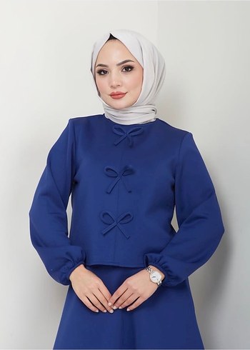 Mavi Mini Kadın Takım Elbise Fiyonk Detaylı - Görsel 2