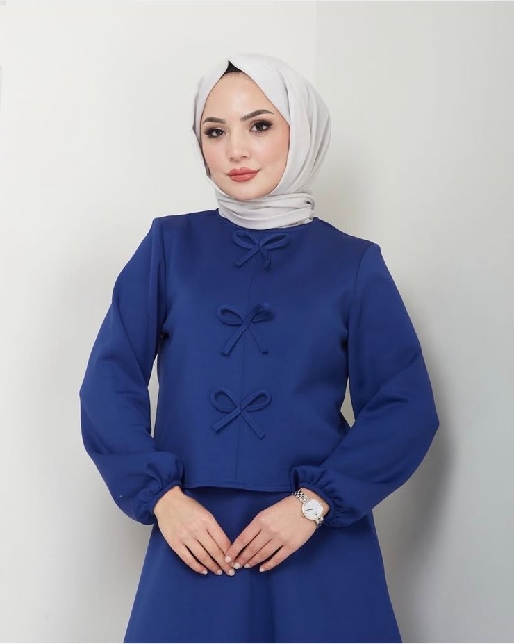 Mavi Mini Kadın Takım Elbise Fiyonk Detaylı - Görsel 2