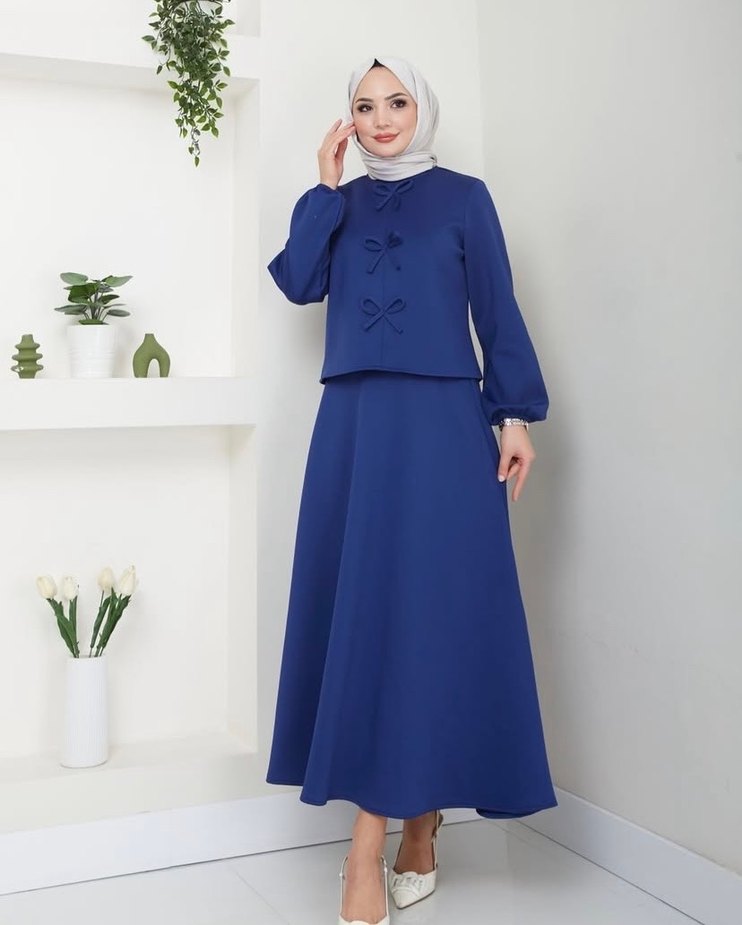 Mavi Mini Kadın Takım Elbise Fiyonklu - Görsel 3