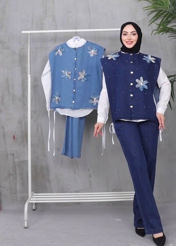Nakışlı Düğmeli Mavi Kot Yelekli takım - Görsel 2
