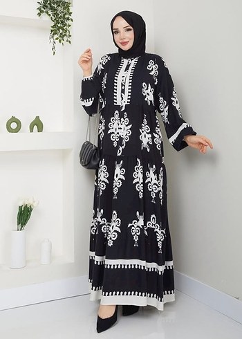 Uzun Siyah Etnik Desenli Bohem Elbise - Görsel 2