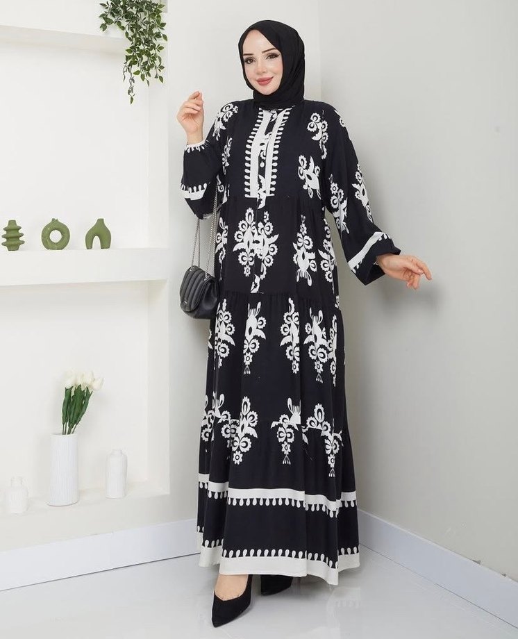 Uzun Siyah Etnik Desenli Bohem Elbise - Görsel 2