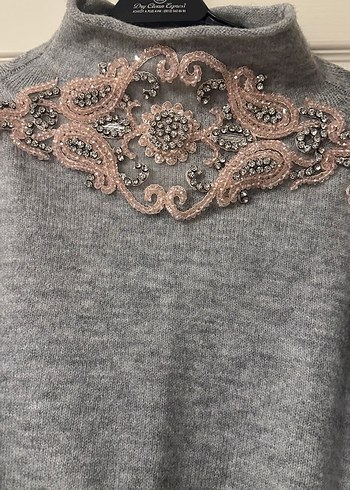 Gri Bohem Nakışlı Triko Kadın Kazak - Görsel 3