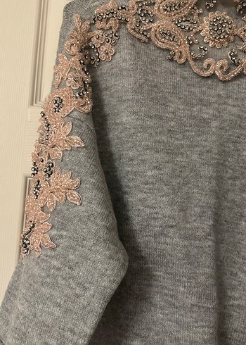 Gri Bohem Nakışlı Triko Kadın Kazak - Görsel 2