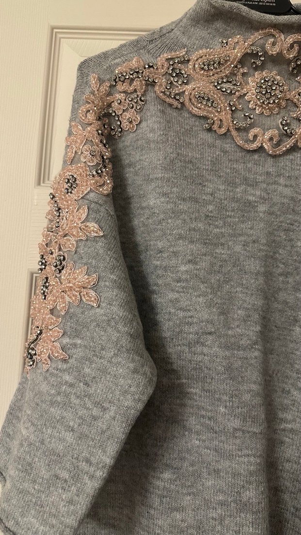 Gri Bohem Nakışlı Triko Kadın Kazak - Görsel 2