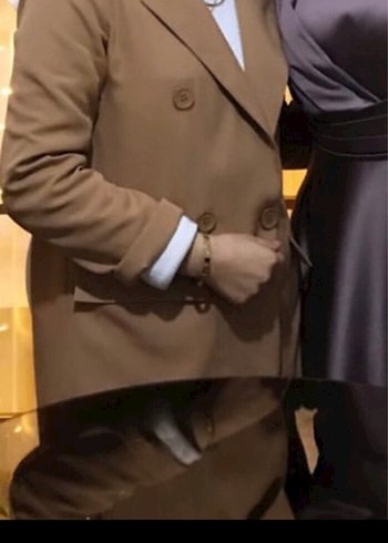 Düğmeli Kahverengi Keten Kadın Blazer Ceket takim - Görsel 2