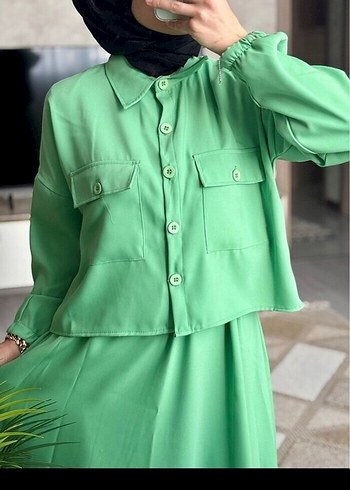 Uzun Kollu Salaş Yeşil Elbise - Görsel 2