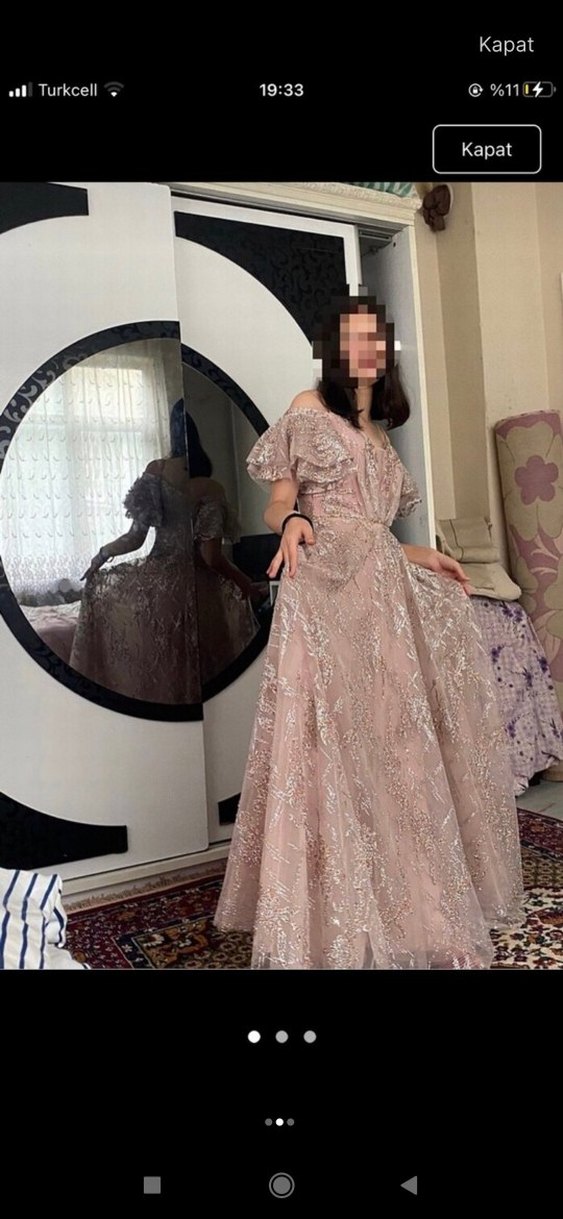 Bej İşlemeli V Yaka Uzun Abiye Elbise - Görsel 2