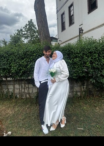 Uzun Kollu Beyaz Midi Düz Gelinlik - Görsel 2